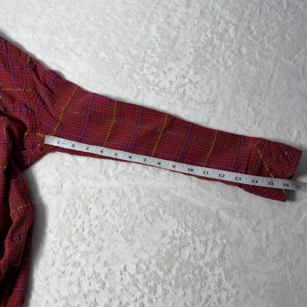 Free People Red Plaid Long Sleeve Shirt‎ Size M Break My Stride Metallic Tunic - Picture 5 of 8